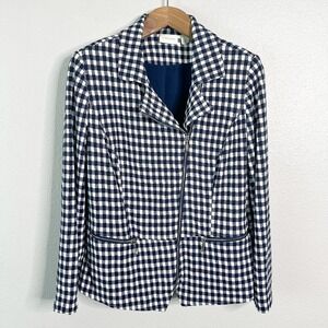 Chico's Size 2‎ Navy/White Gingham Zip Moto Jacket women's size large